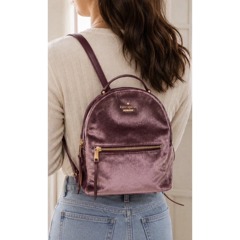 Kate Spade New York Velvet Mini Backpack Mauve Pink Gold Zip Bag - Picture 2 of 7